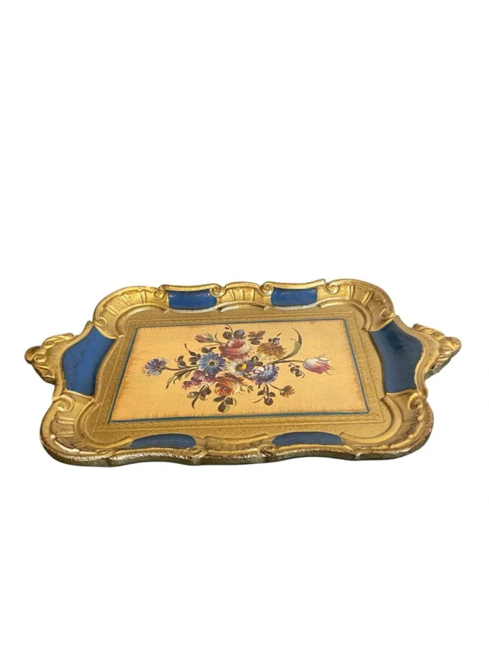 Vintage Florentine Italian Wood Tray Gold Gilt Blue Floral Hand Painted Ornate